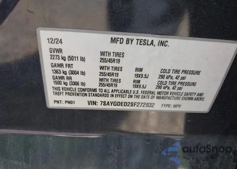 2025 Tesla Model Y Long Range Dual Motor All-Wheel Drive from USA, damaged, VIN 7SAYGDED2SF272932
